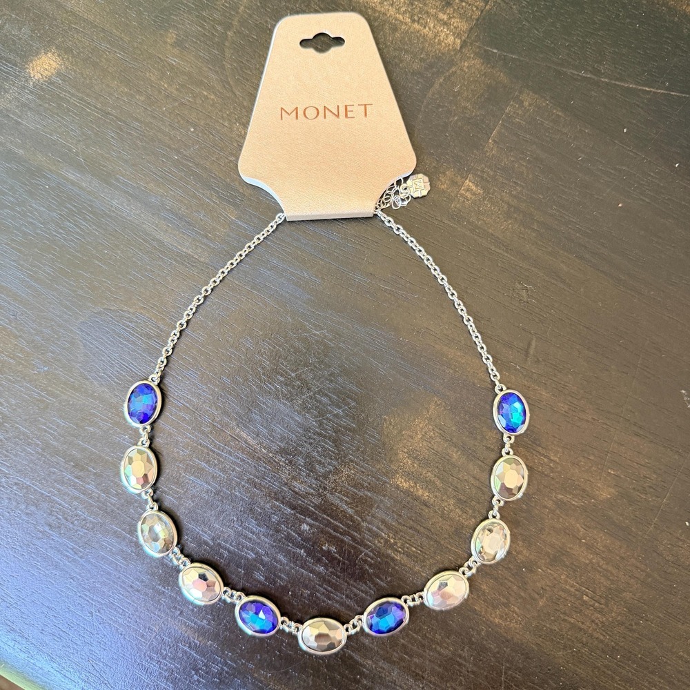 Vintage Monet Blue Crystal Choker Necklace Sample One of a Kind Silver Tone